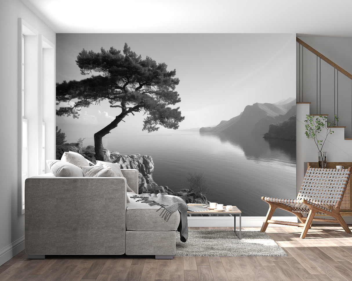 Nature wall mural bringing serenity to meditation room with mountain lake vista