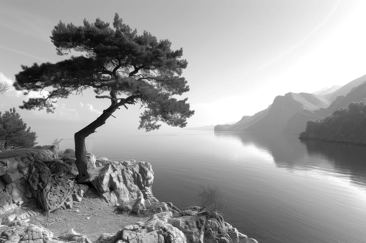 Mountain lake design file showing detailed black and white pattern with pine tree silhouette
