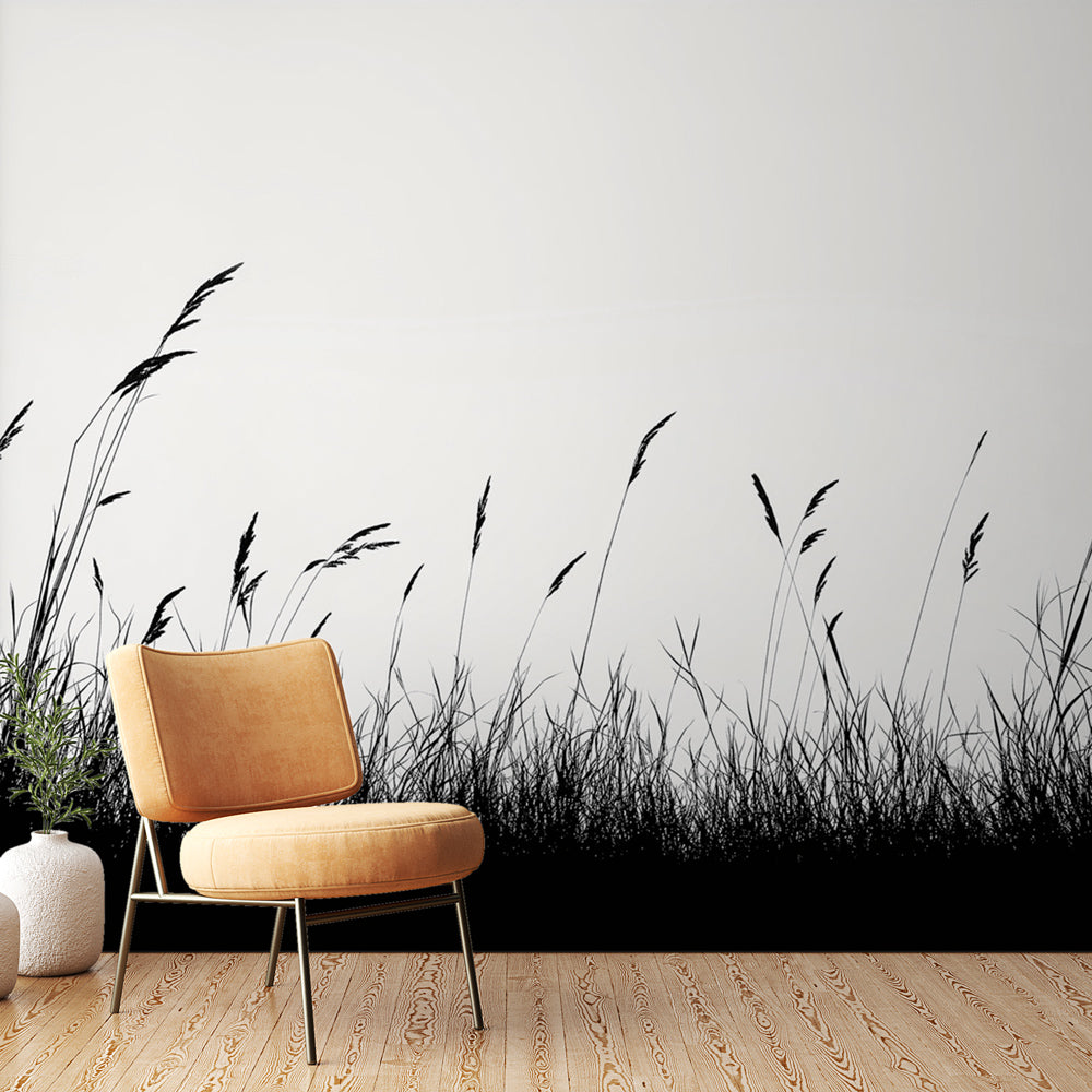 Black Prairie Grass Wallpaper creating depth in a modern living room with white furniture and natural light