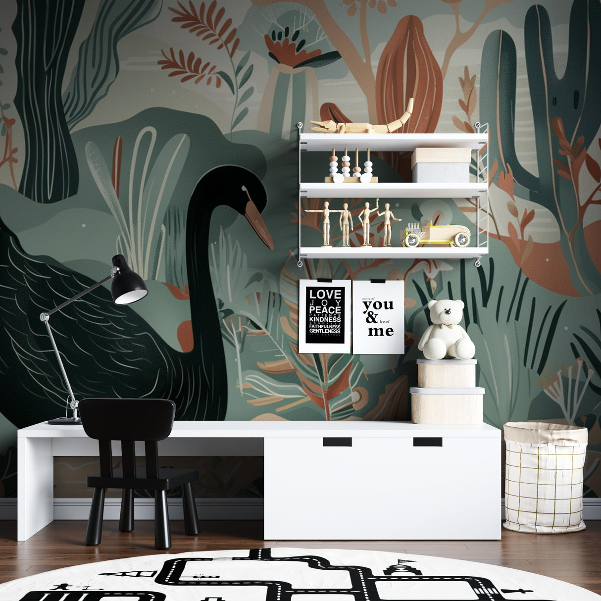 Black swan tropical wallpaper creating a peaceful atmosphere in a modern living room with sage green accents