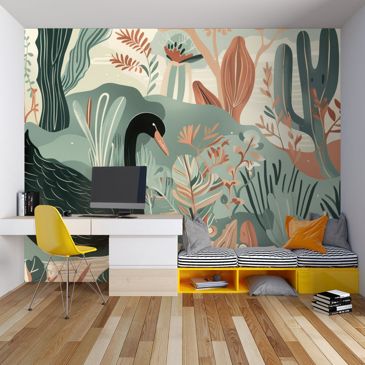 Elegant home office featuring black swan nature mural wallpaper with coral botanical elements