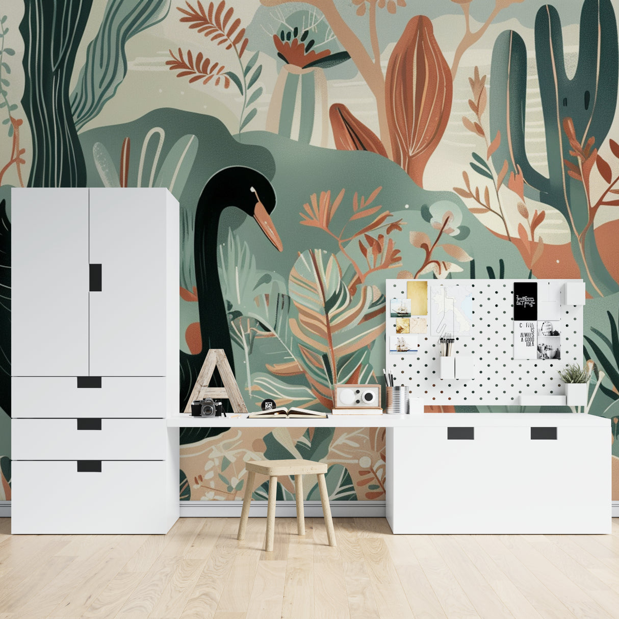 Tropical nature wallpaper with black swan design brightening a cozy bedroom space