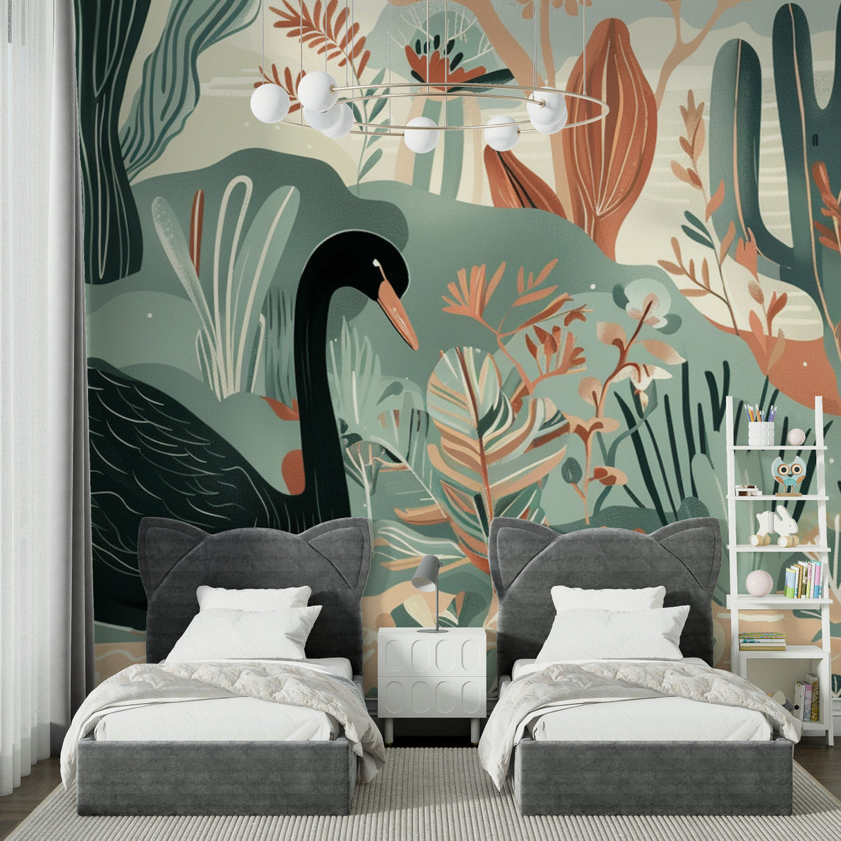 Contemporary dining room showcase of black swan botanical wallpaper with geometric elements