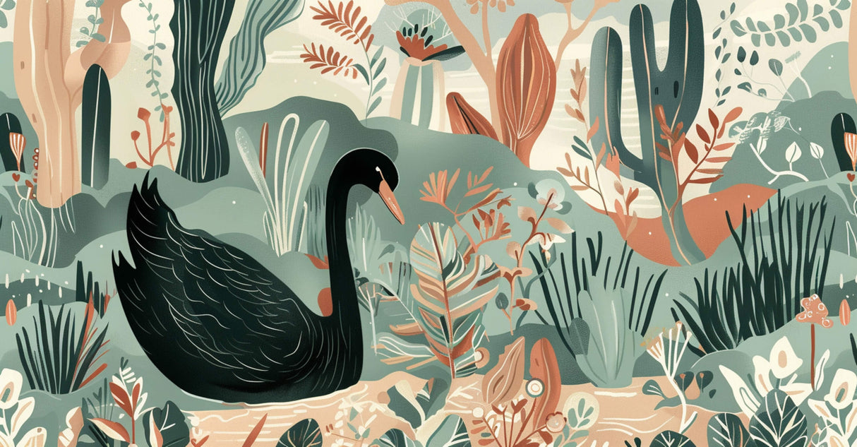 Black swan and tropical design wallpaper pattern showing full design file with sage green background