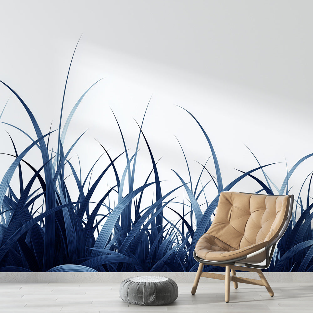 Blue Grass Botanical Wallpaper showcased in a bright modern living room with minimalist furniture