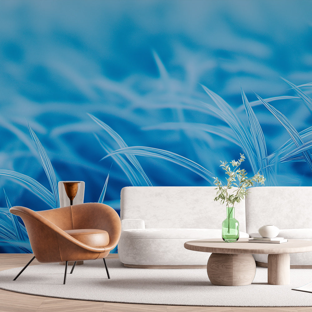 Blue grass nature wallpaper mural styled in a modern living room, creating a peaceful atmosphere with natural light