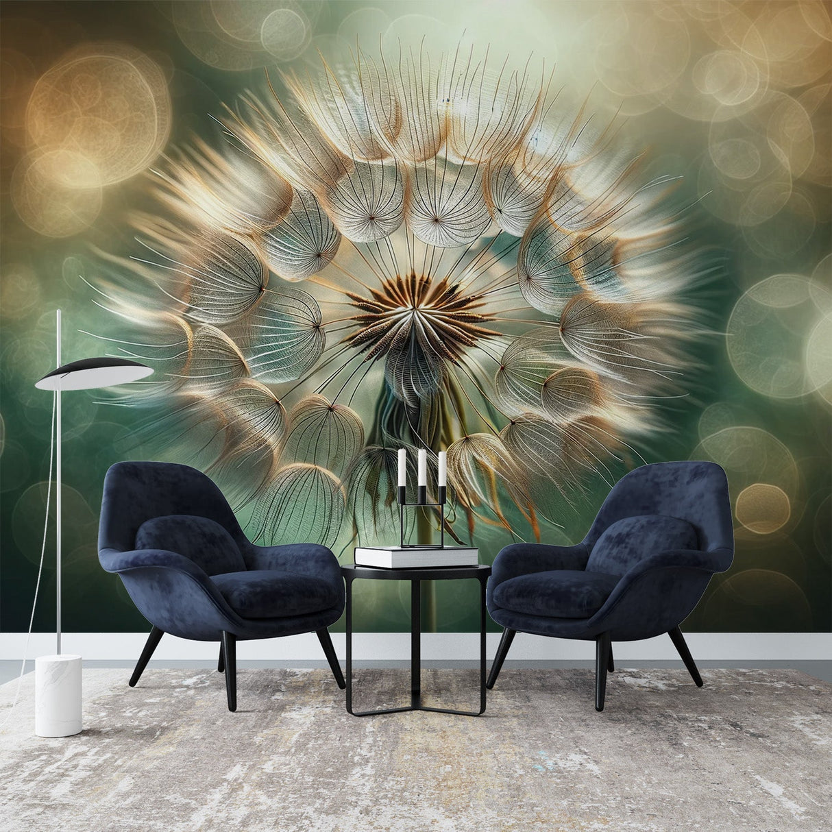 Dandelion wall mural creating a peaceful focal point in a modern living room with natural light