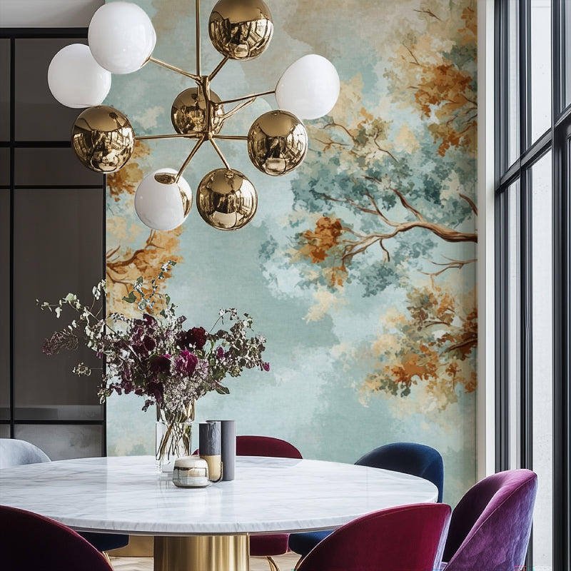 Nature wall mural featuring golden branches in modern living room setting