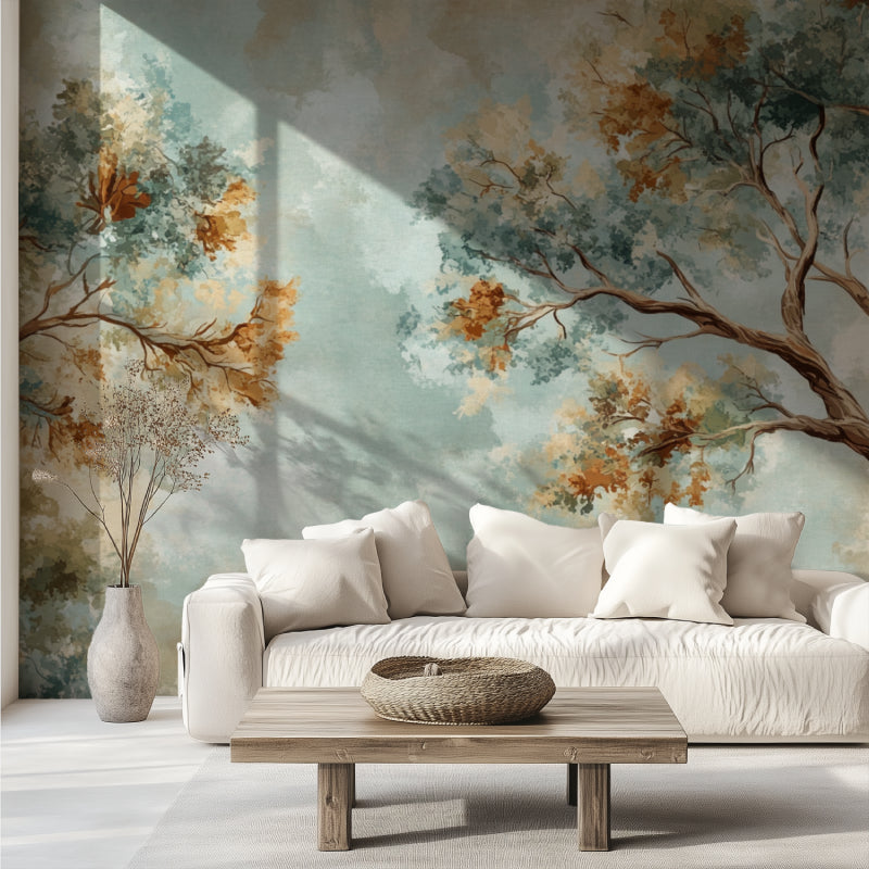 Botanical wall mural in dining room, soft aqua tones with gold accents