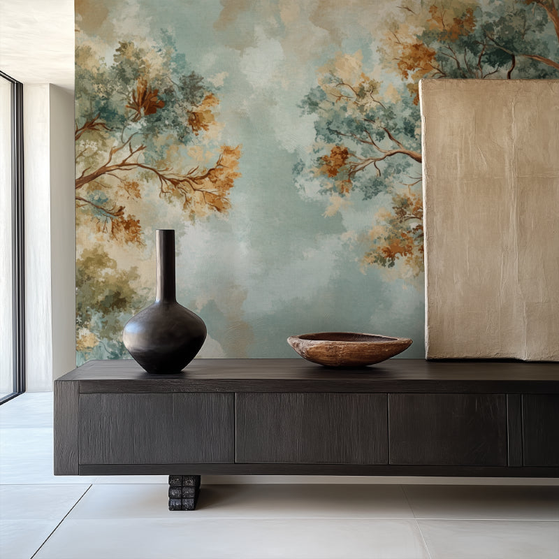 Tree branch wallpaper making statement in home office with natural light