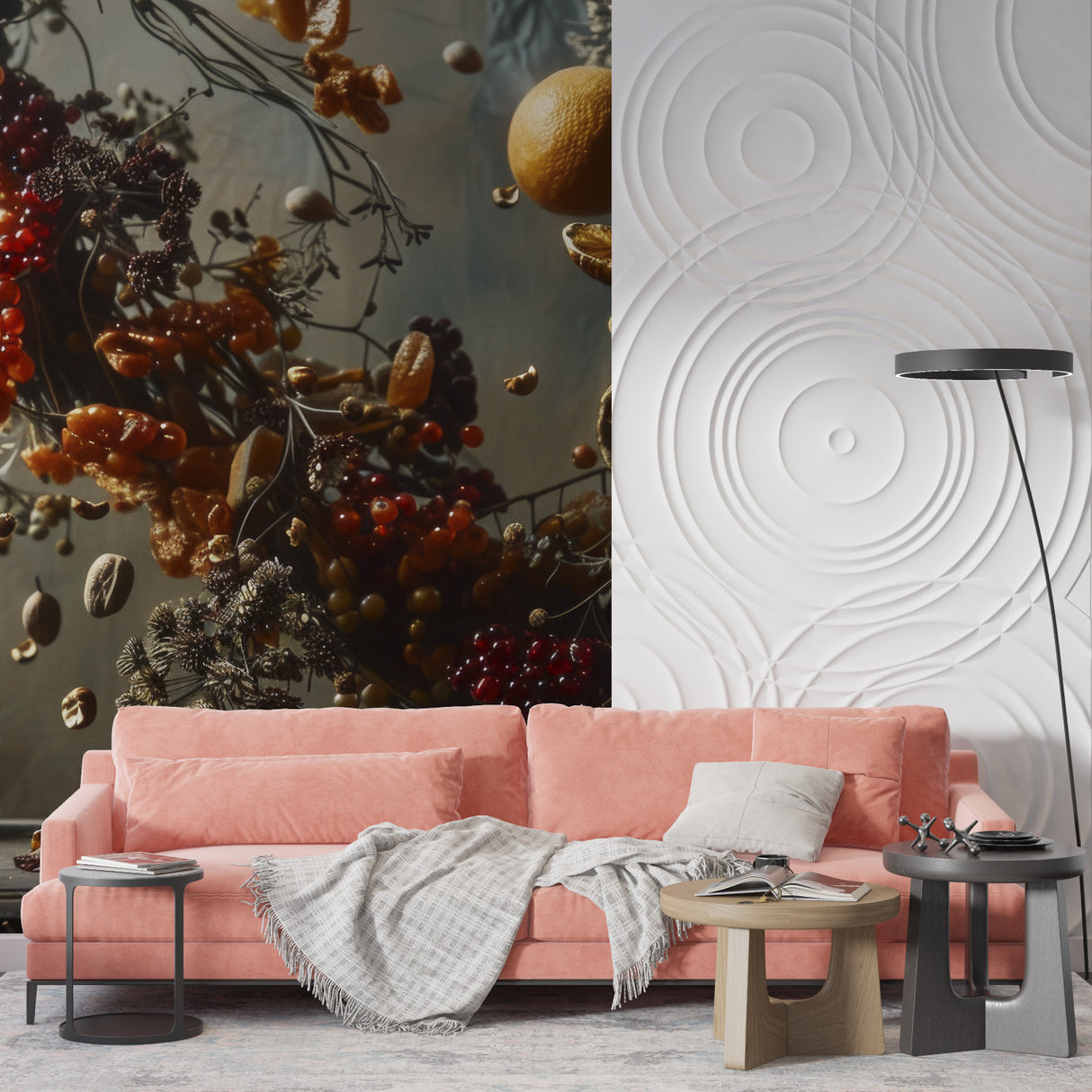 Floating fruit wallpaper brightening a modern kitchen with grey cabinets