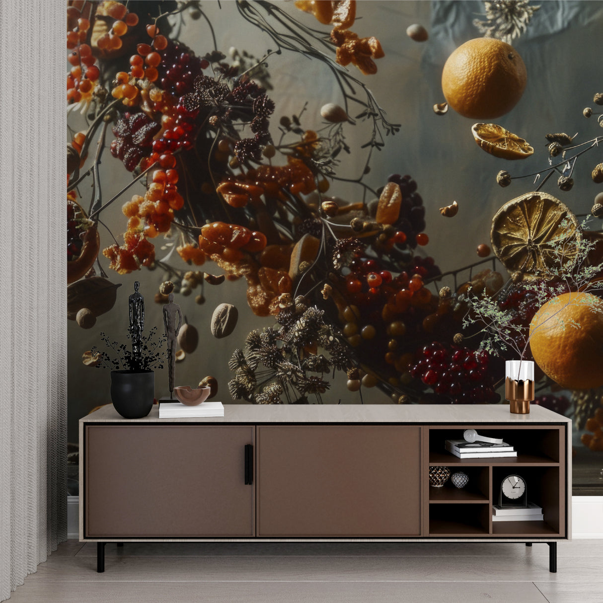 Botanical fruit mural creating depth in a bright dining room