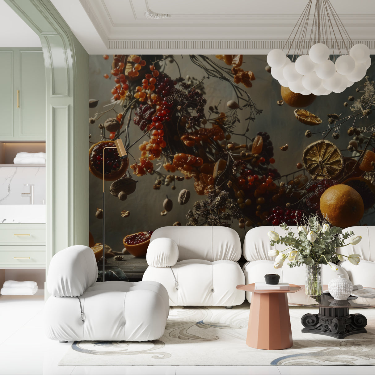 Modern fruit wall mural bringing life to a home office