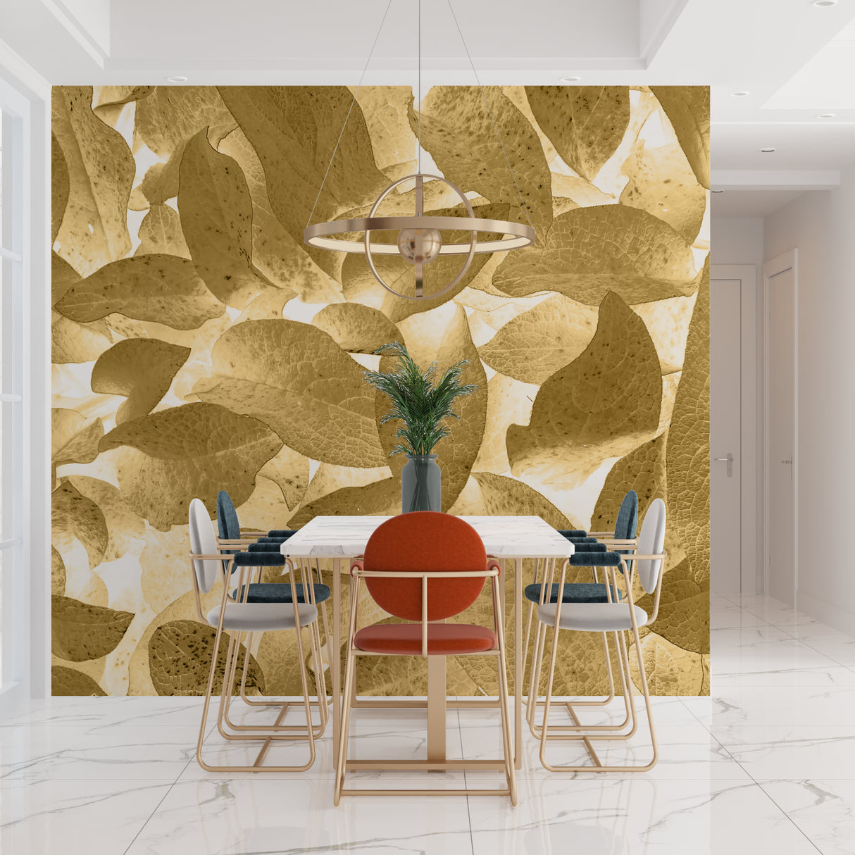 Golden leaf wallpaper creating a warm glow in a modern living room