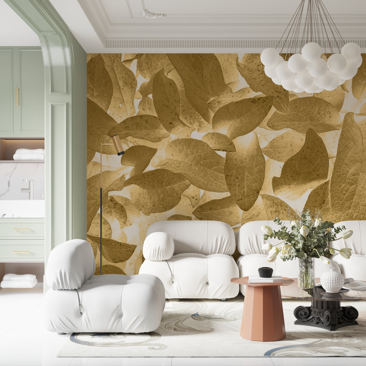 Metallic leaf pattern mural adding luxury to a dining room setting
