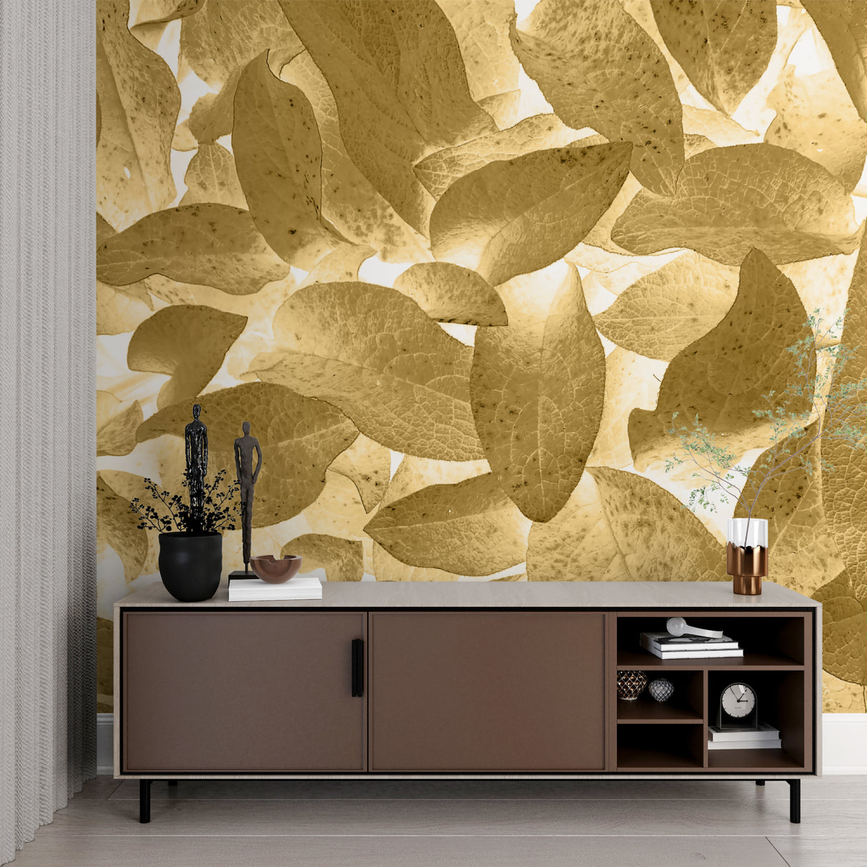 Nature wallpaper with gold leaves brightening a home office space