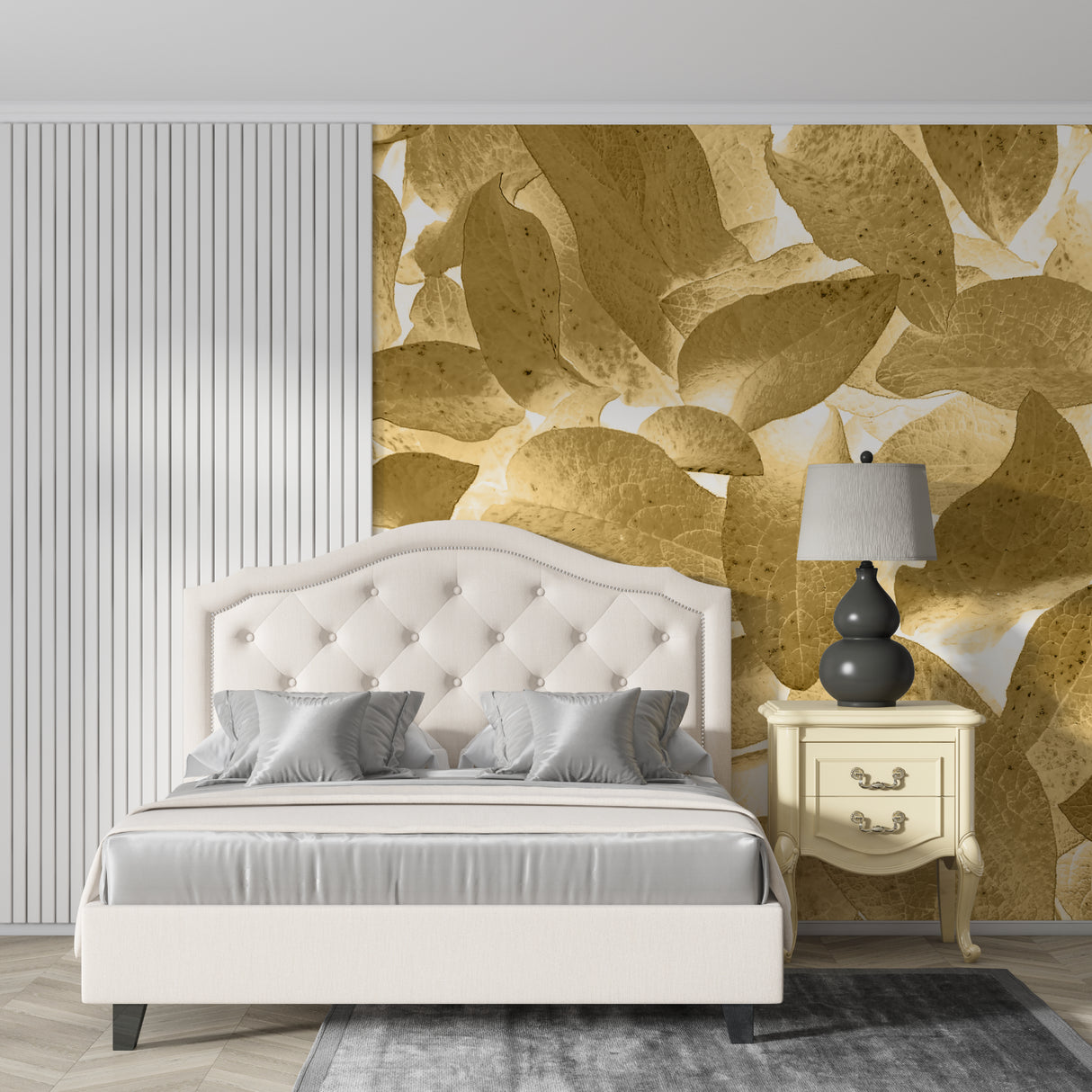 Botanical gold leaf wallpaper making a statement in master bedroom