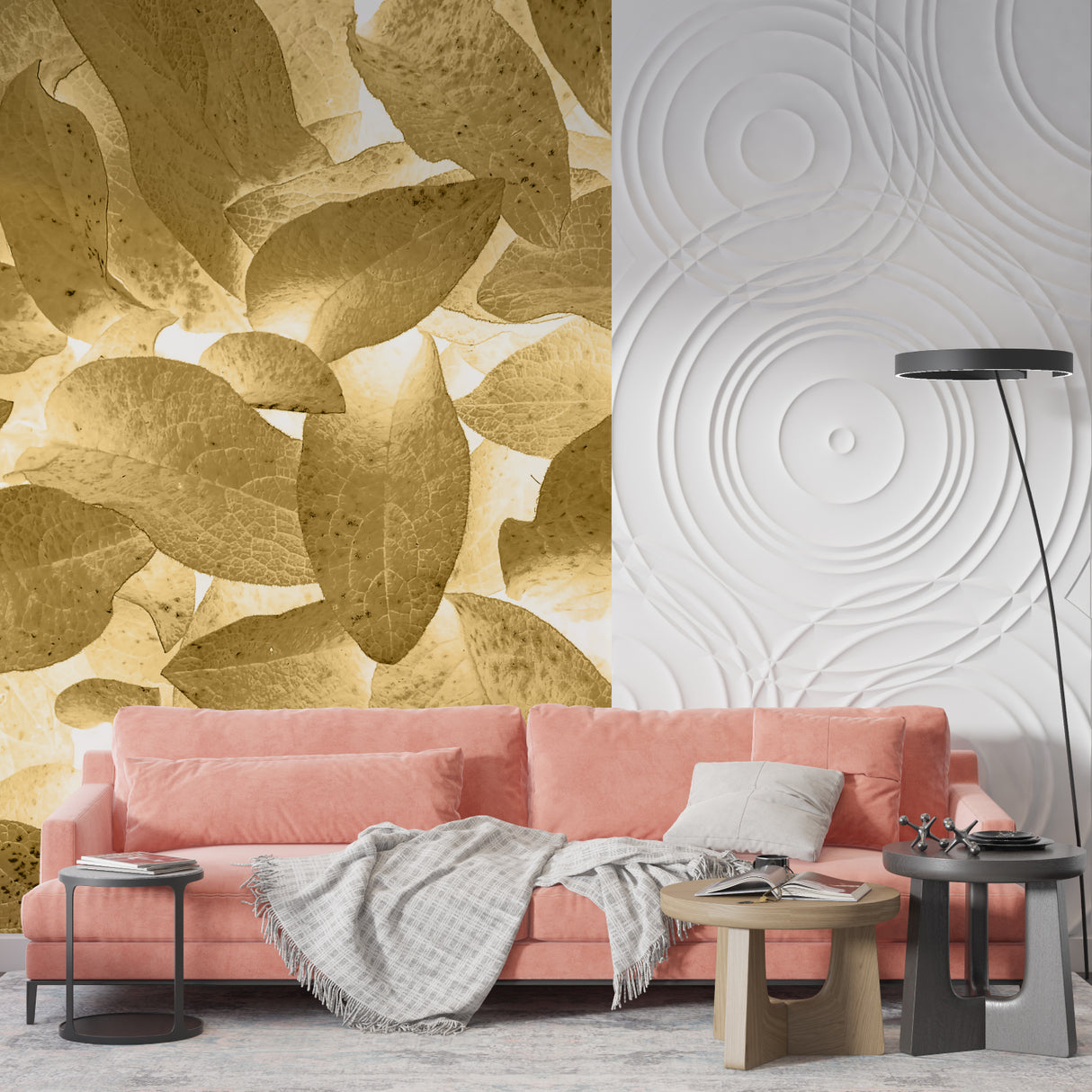 Golden foliage mural wallpaper enhancing an entrance hallway