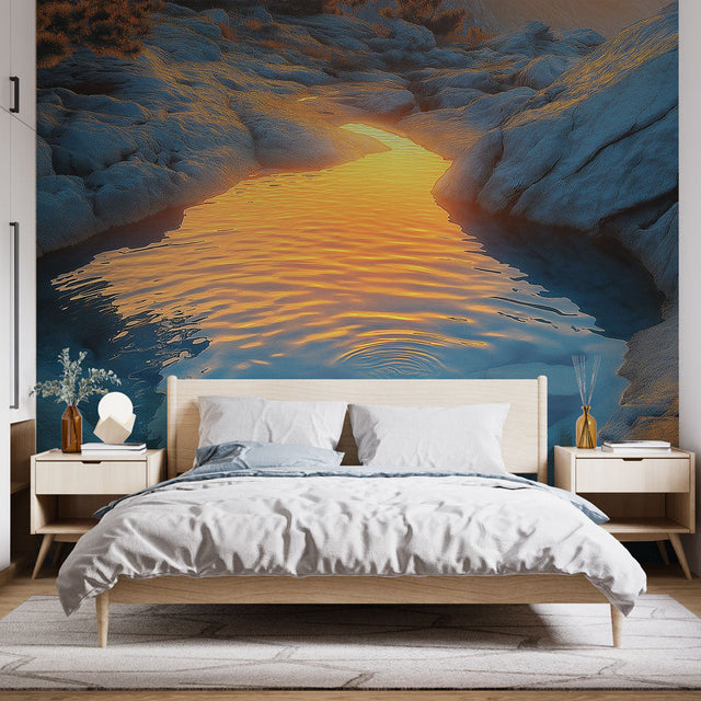 Nature landscape wallpaper with golden sunset water reflection brightening a modern living room with high ceilings