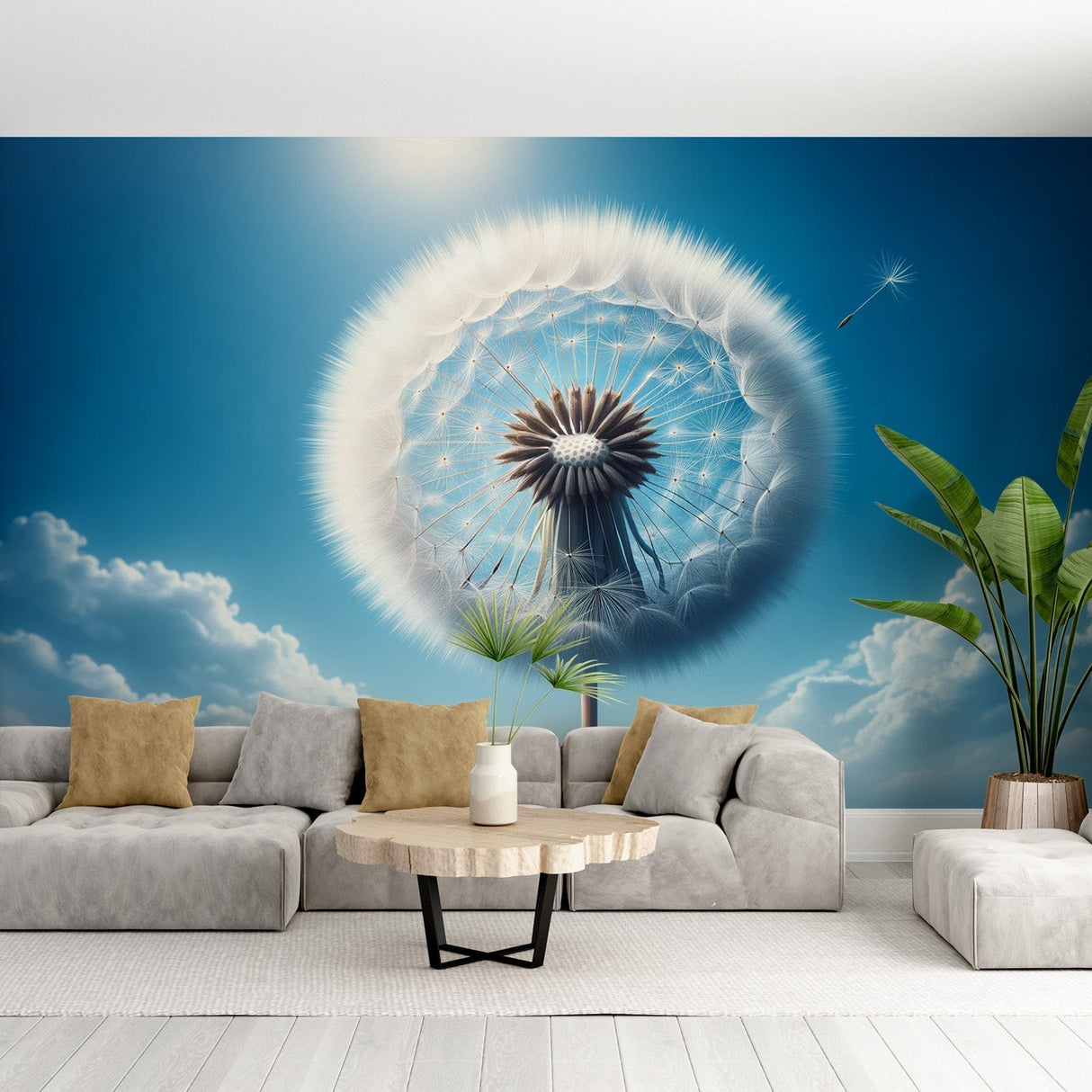 Dandelion wall mural bringing natural light to a modern living room with white furniture and minimal decor