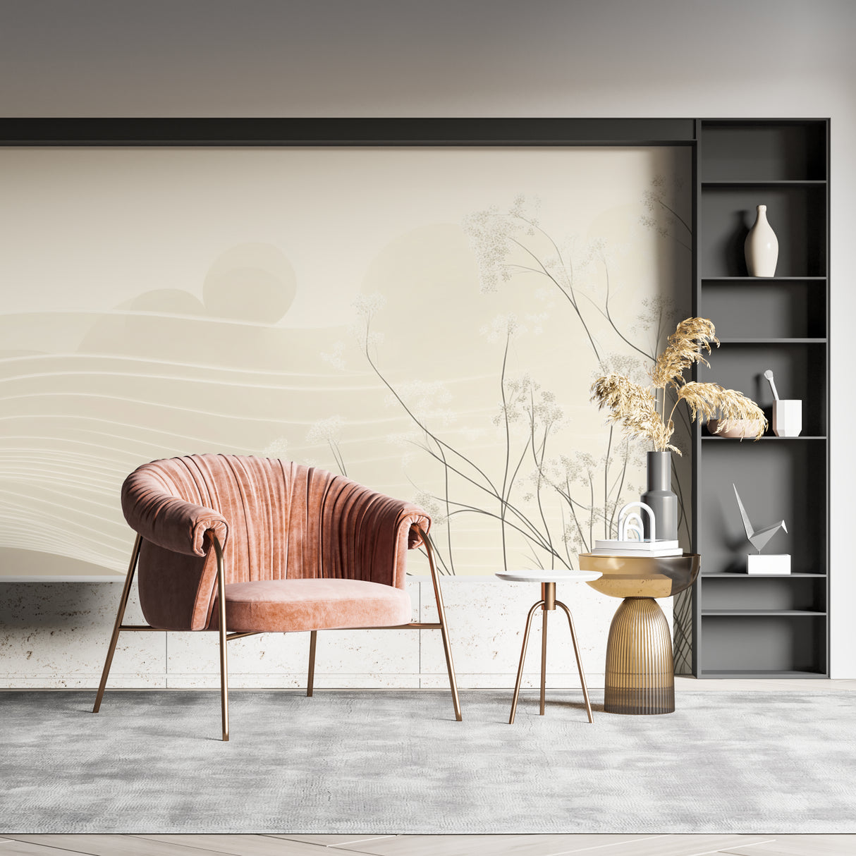 Beige botanical wall mural in a cozy bedroom setting highlighting natural elements