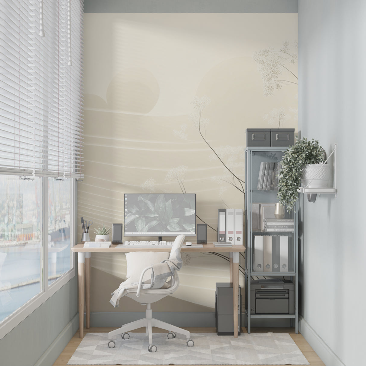 Japanese-inspired floral mural creating calm in a contemporary home office