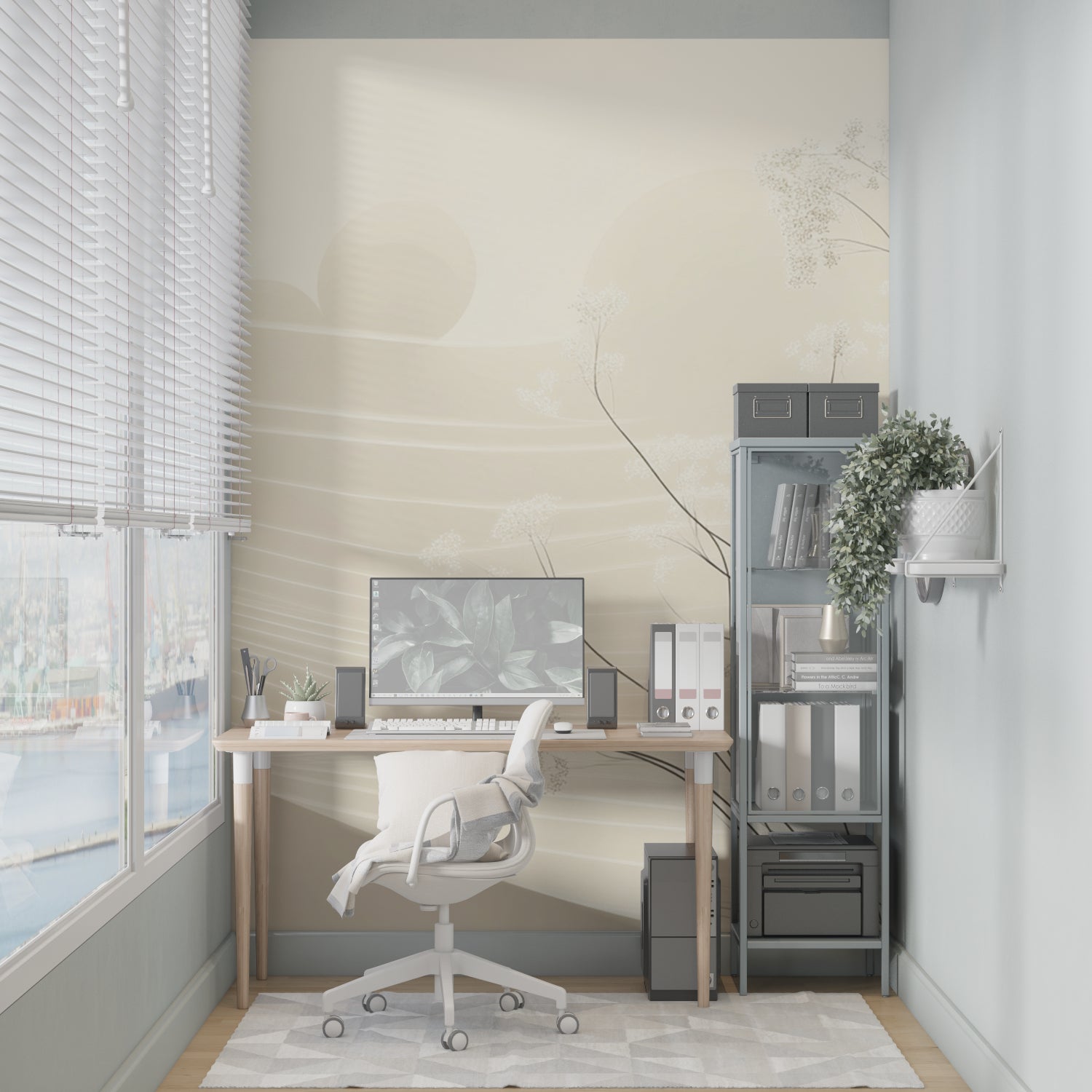 Japanese-inspired floral mural creating calm in a contemporary home office