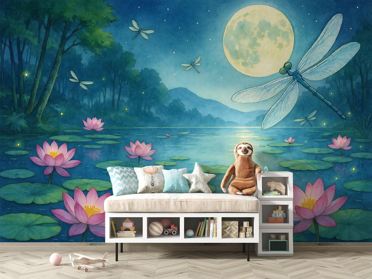 Dragonfly and lotus lake wallpaper creating a peaceful atmosphere in a modern bedroom