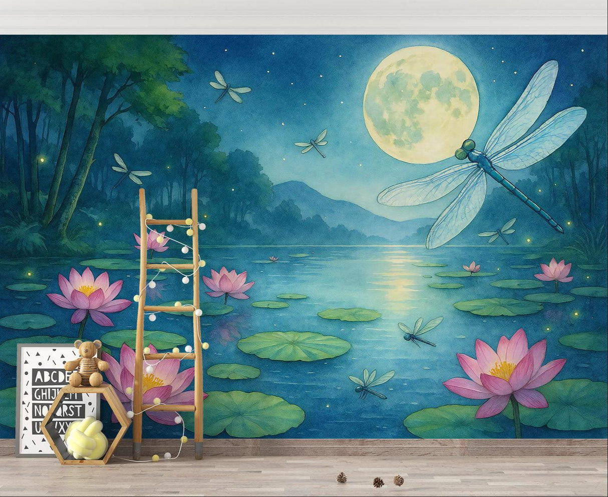 Nature wall mural with moonlit scene brightening a cozy reading nook