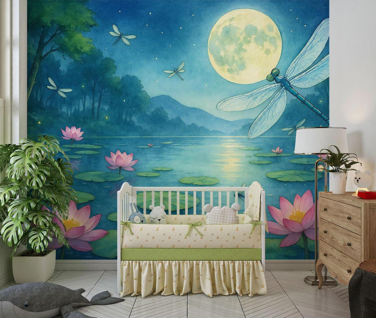 Lotus lake mural bringing nature indoors in a living room setting