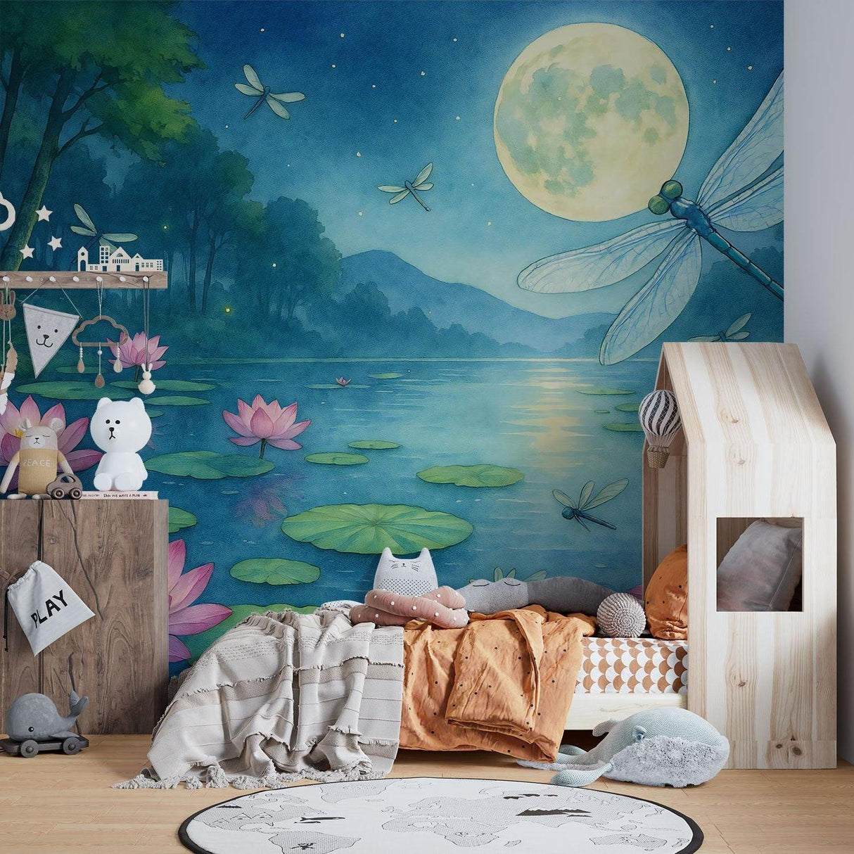 Moonlit nature scene transforming a home office wall