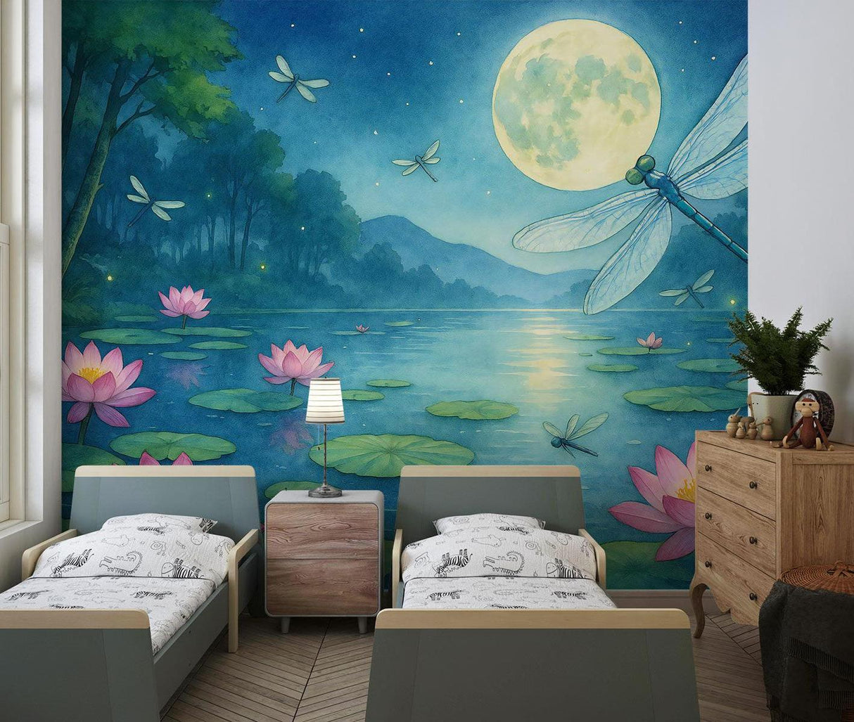 Night scene wallpaper creating depth in a dining room