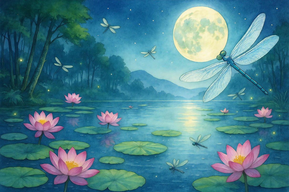 Design file showing detailed dragonfly and lotus pattern with moonlit lake background