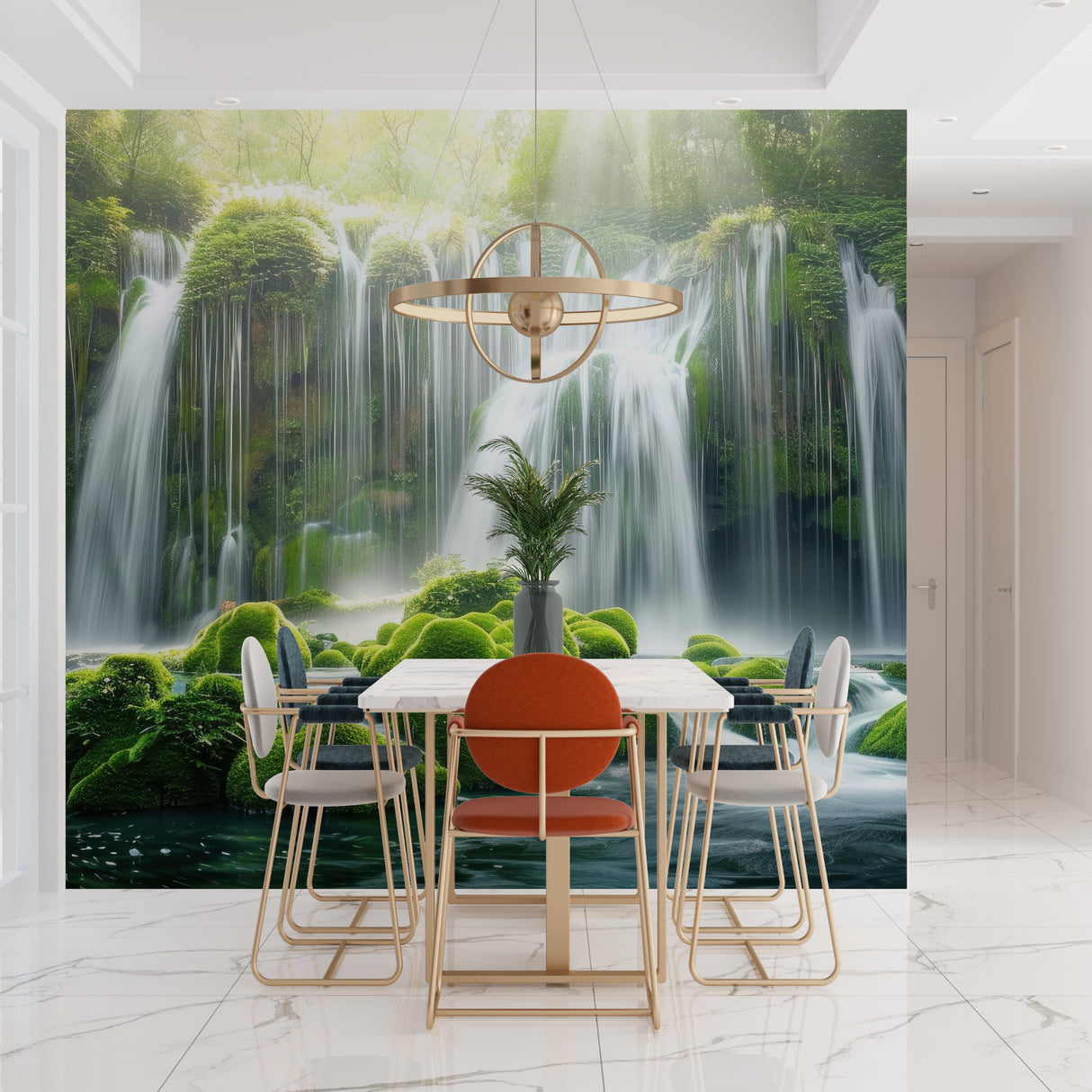 Peaceful Waterfall Mural Wallpaper in modern living room creating serene atmosphere
