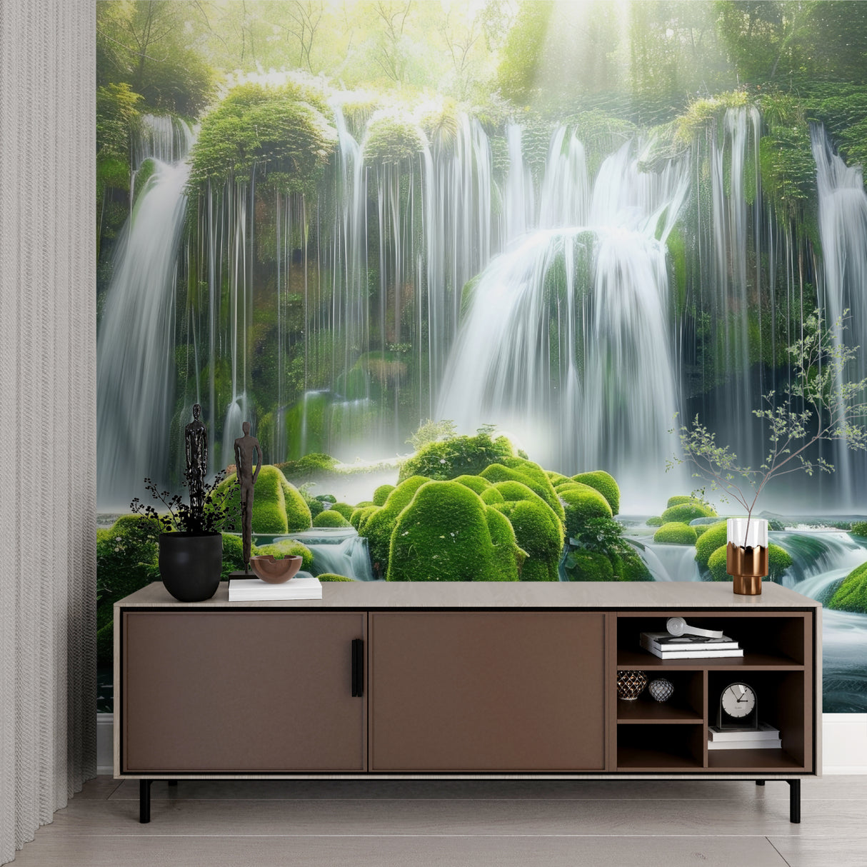 Nature Waterfall Wallpaper transforming master bedroom into relaxing retreat
