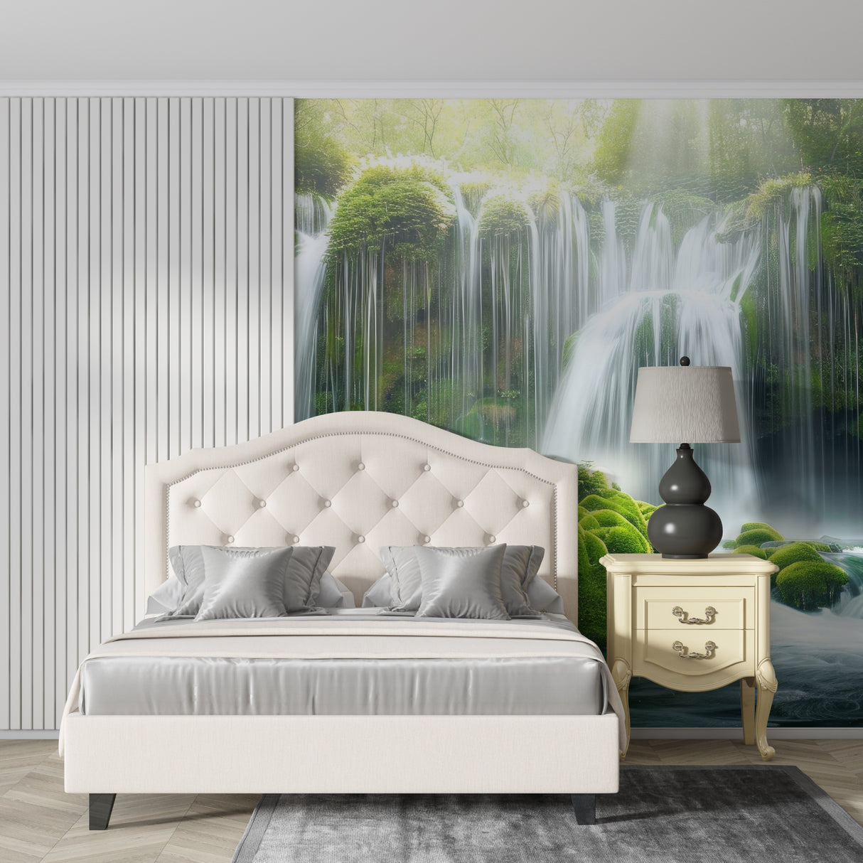 Mossy Waterfall Mural making statement in contemporary dining room