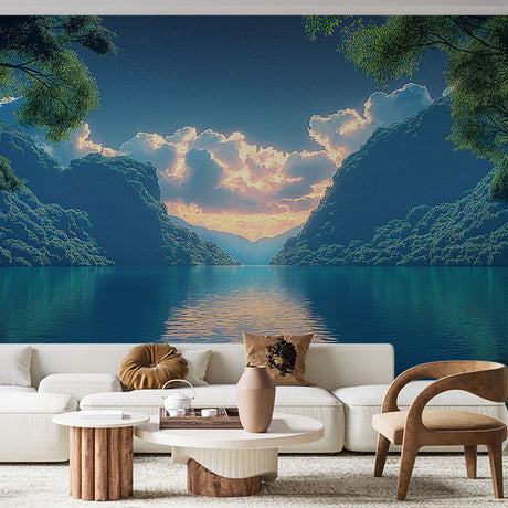 Mountain lake sunset wallpaper mural in a modern living room, creating a stunning backdrop with pink and gold reflections