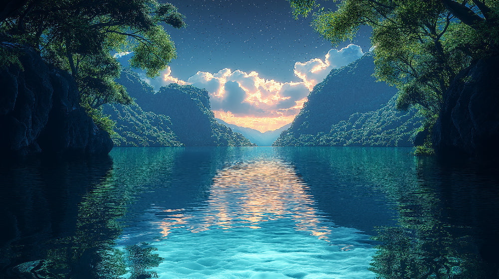 Mountain lake wallpaper design file showing serene waters and dramatic sunset sky
