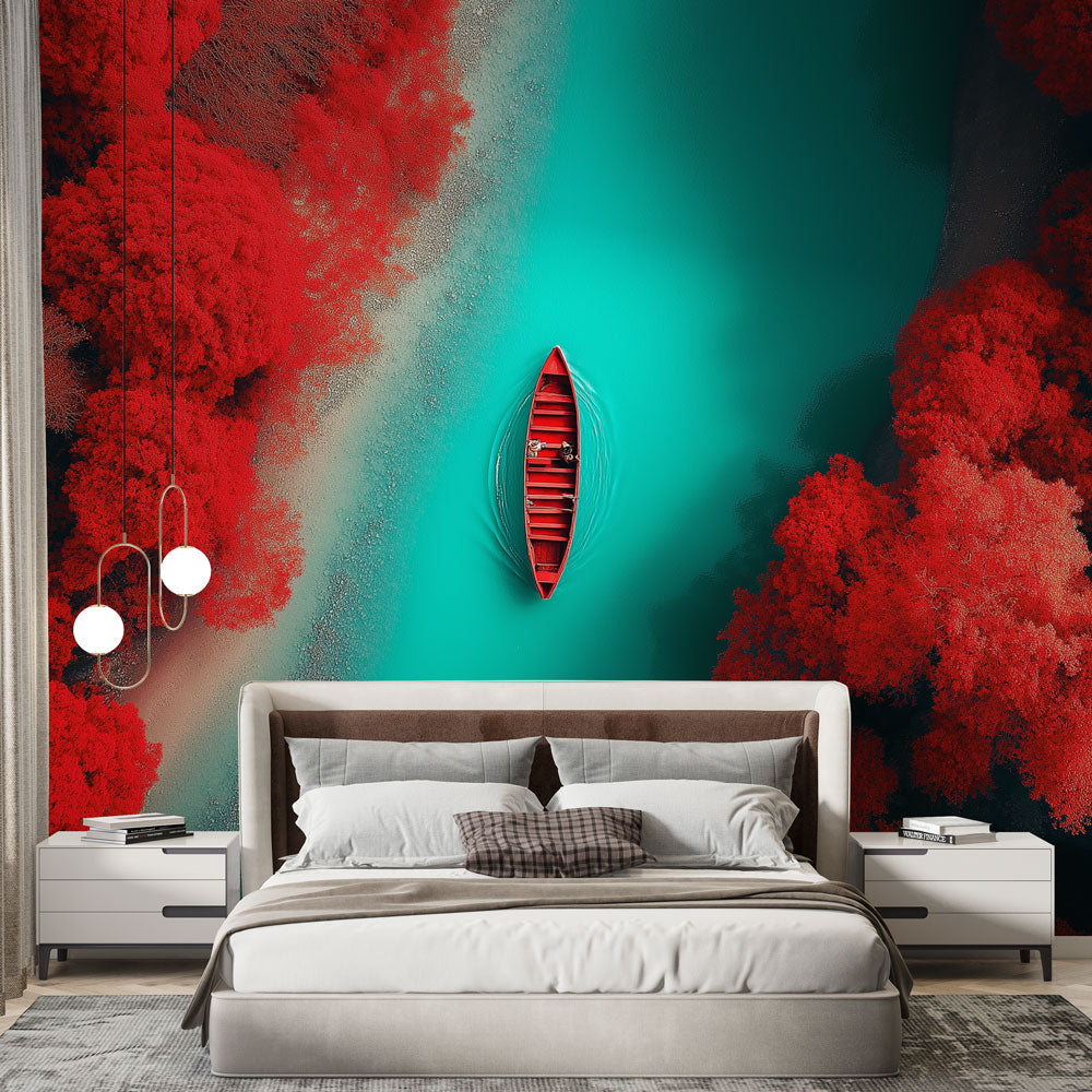 Red Forest and Turquoise River Wallpaper creating depth in a modern living room with minimal furniture