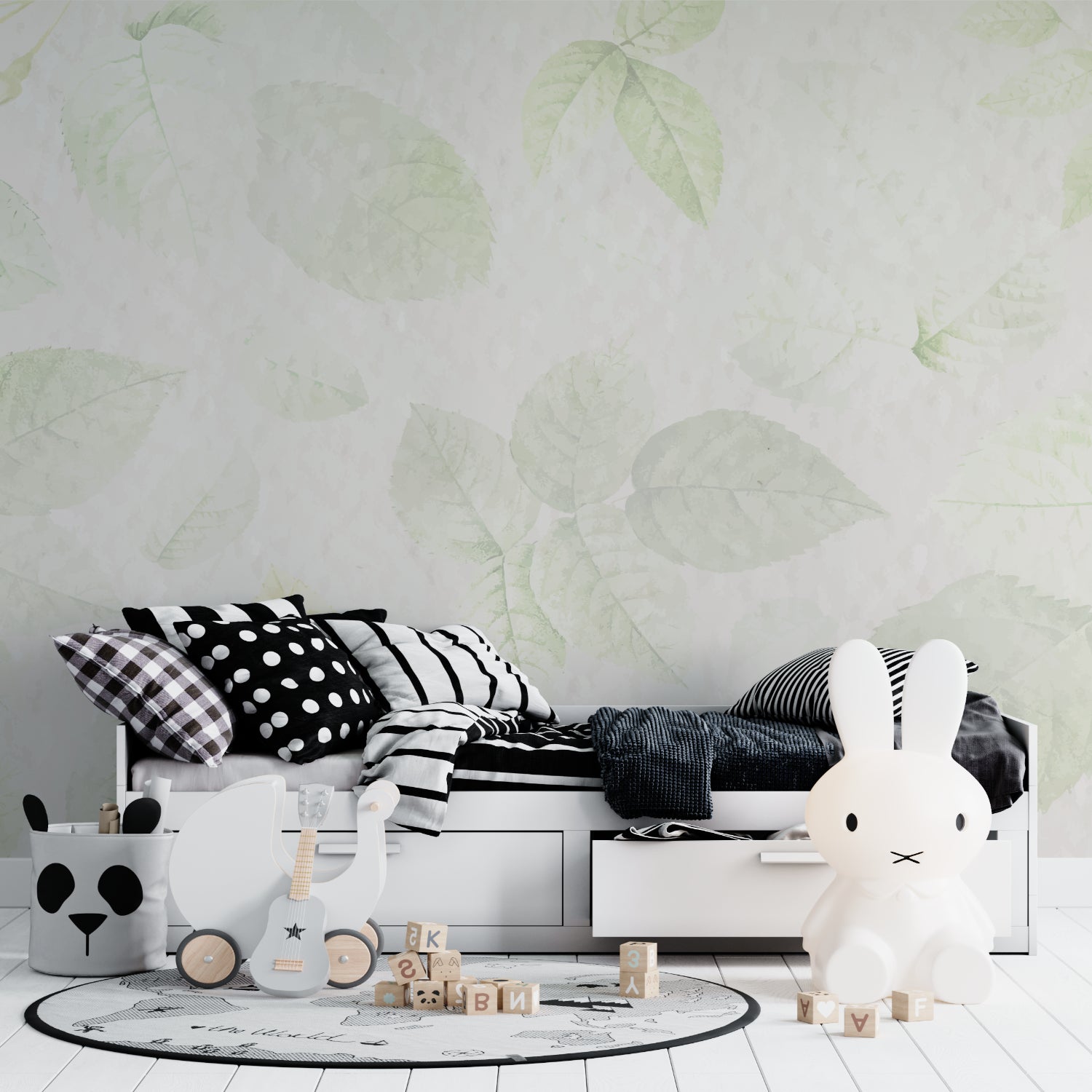 Nature-inspired leaves wallpaper in home office showing calm work environment