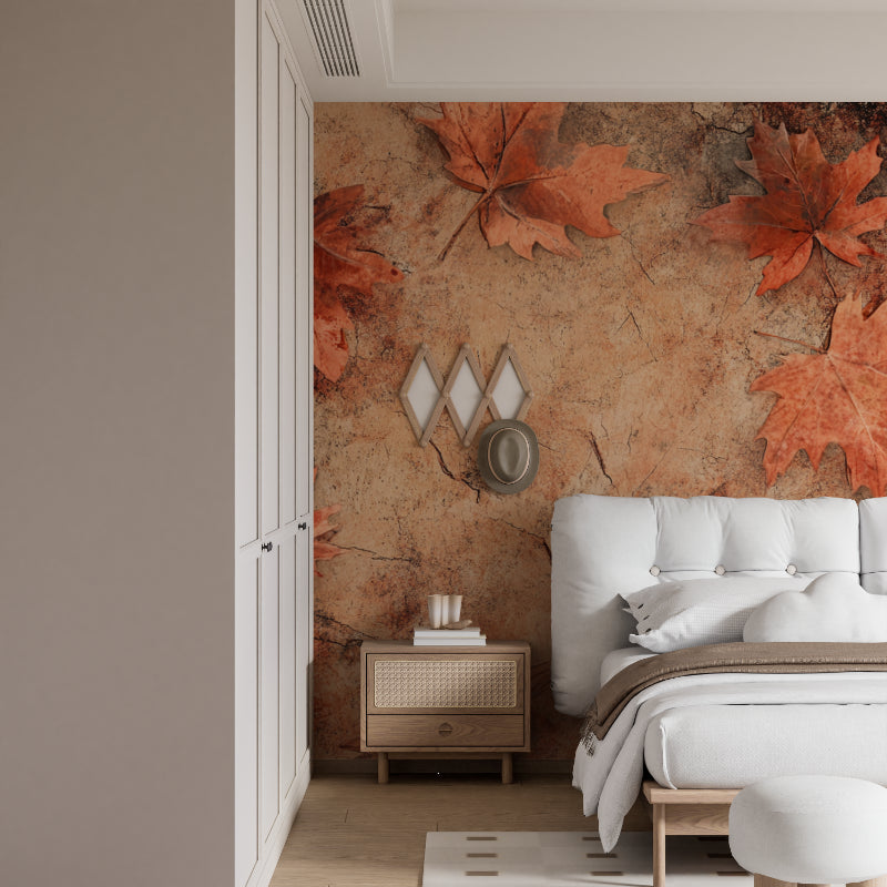 Terracotta leaf wallpaper in modern living room creating warm autumn atmosphere