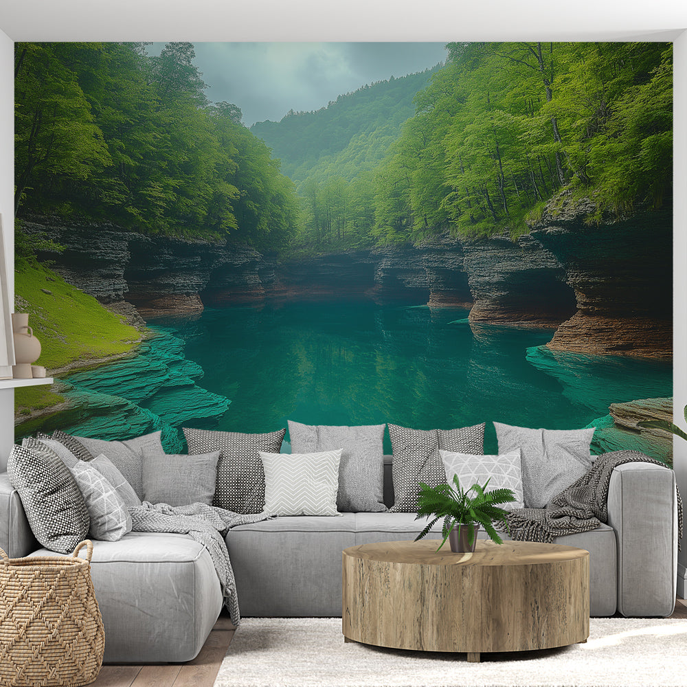 Turquoise lake landscape wallpaper creating depth in a modern living room with white furniture and natural light