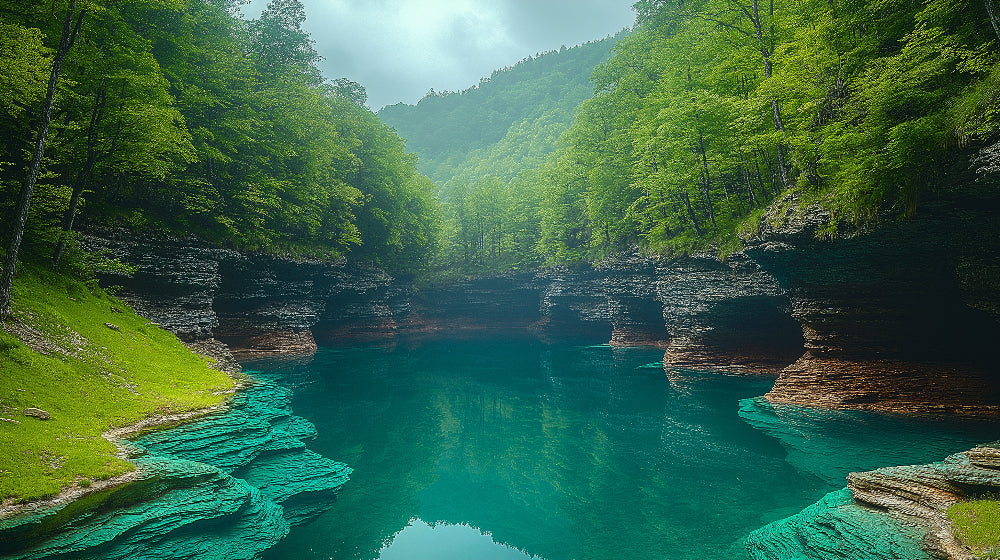 Mountain lake landscape wallpaper design file showing full pattern with turquoise waters and forest details