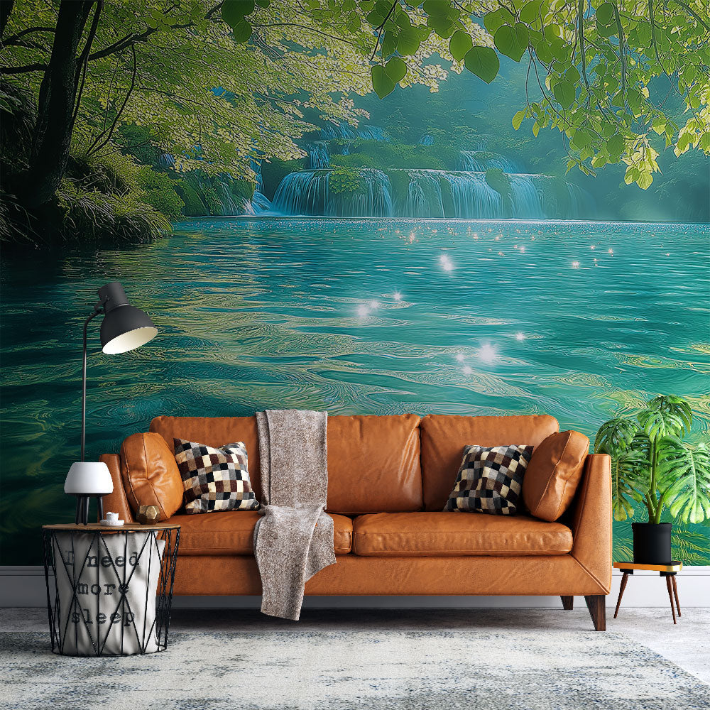 Turquoise waterfall paradise mural wallpaper creating a stunning focal point in a modern living room with natural light