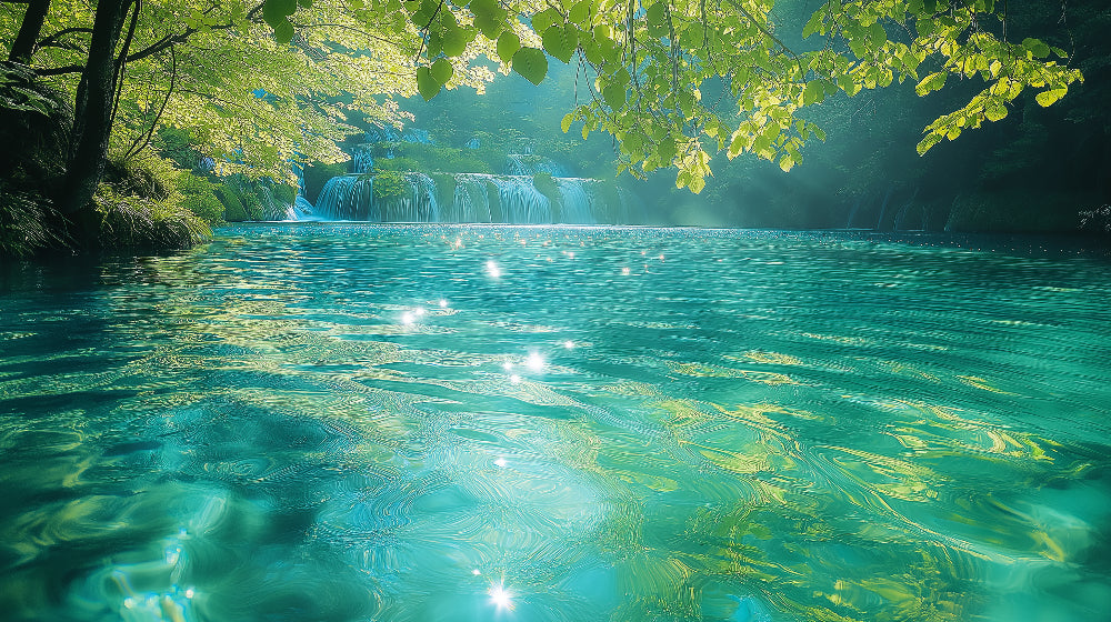 Waterfall paradise wallpaper design file showing detailed turquoise waters and lush tropical vegetation