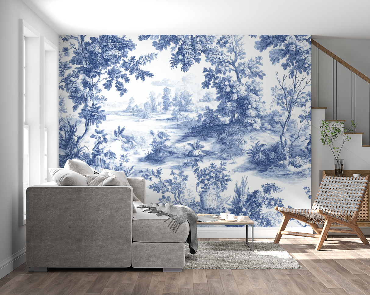 Vintage blue Toile pattern mural creating depth in a cozy bedroom setting