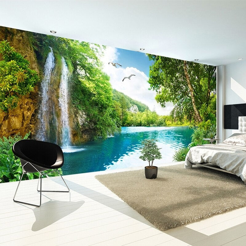 Waterfall paradise mural in modern living room with grey sofa and natural light