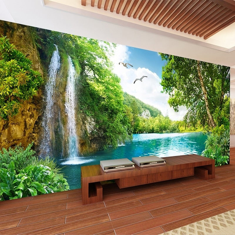 Tropical waterfall wallpaper creating depth in master bedroom with minimal furniture