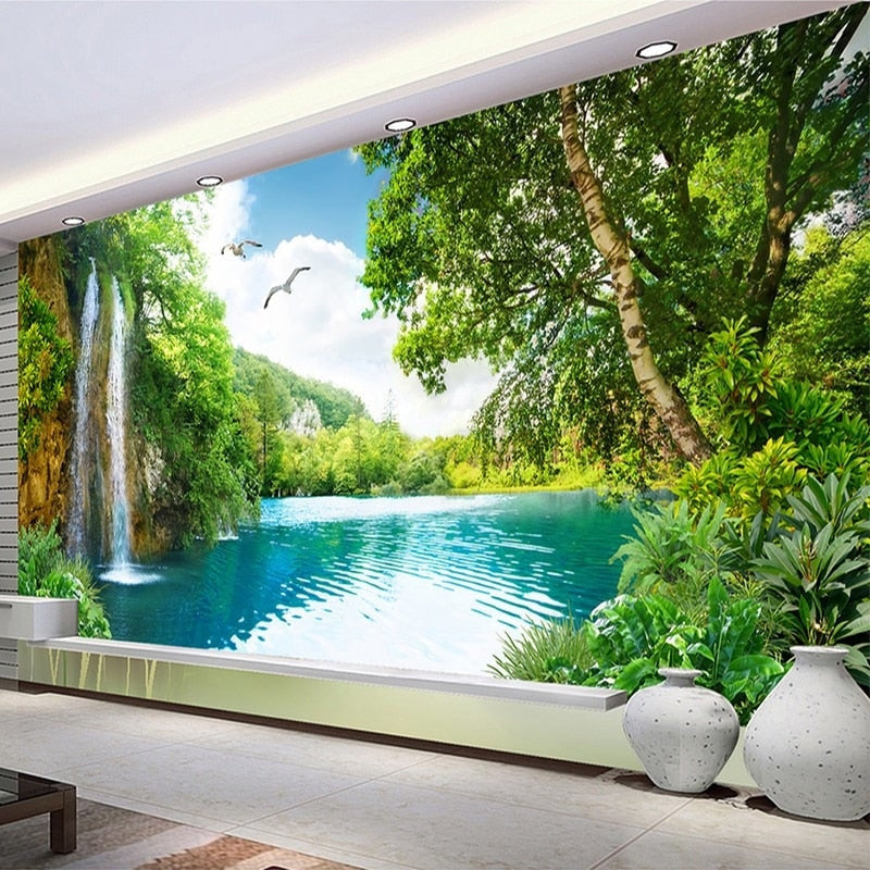 Paradise waterfall mural in meditation room with bamboo flooring