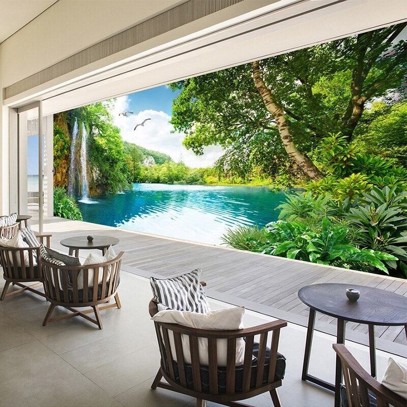 Waterfall landscape mural brightening spa-inspired bathroom design